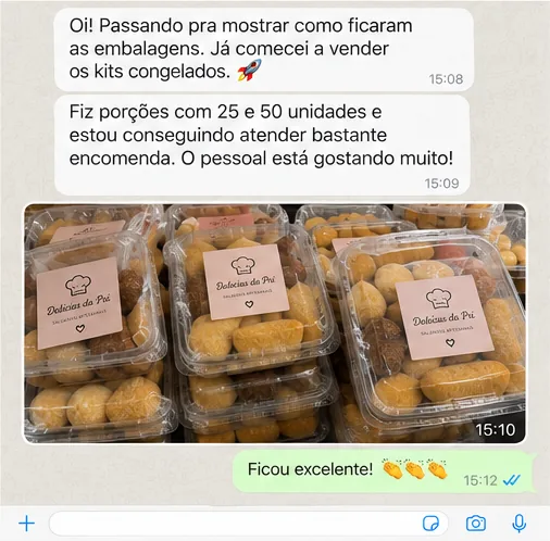 Aluna mostra as embalagens prontas e as porções de 25 e 50 unidades que já vende