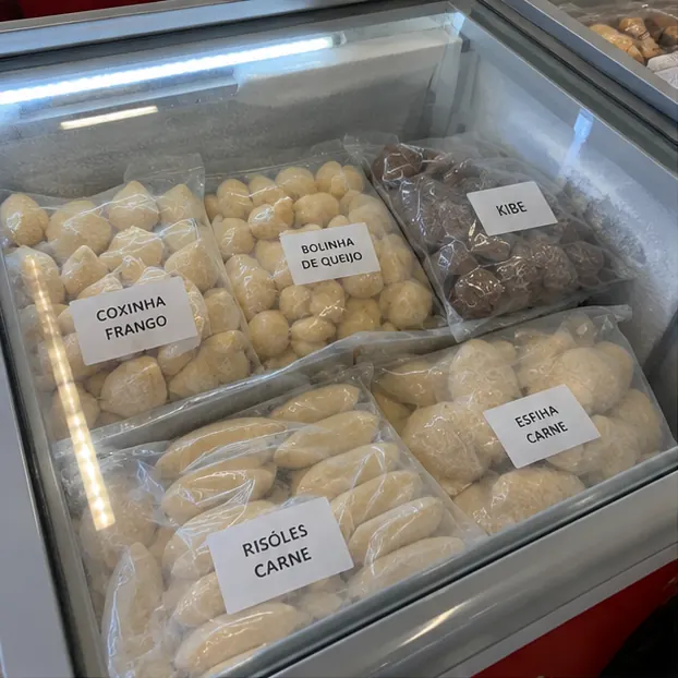 Sacos de coxinha de frango, bolinha de queijo, kibe, risoles e esfiha etiquetados no freezer